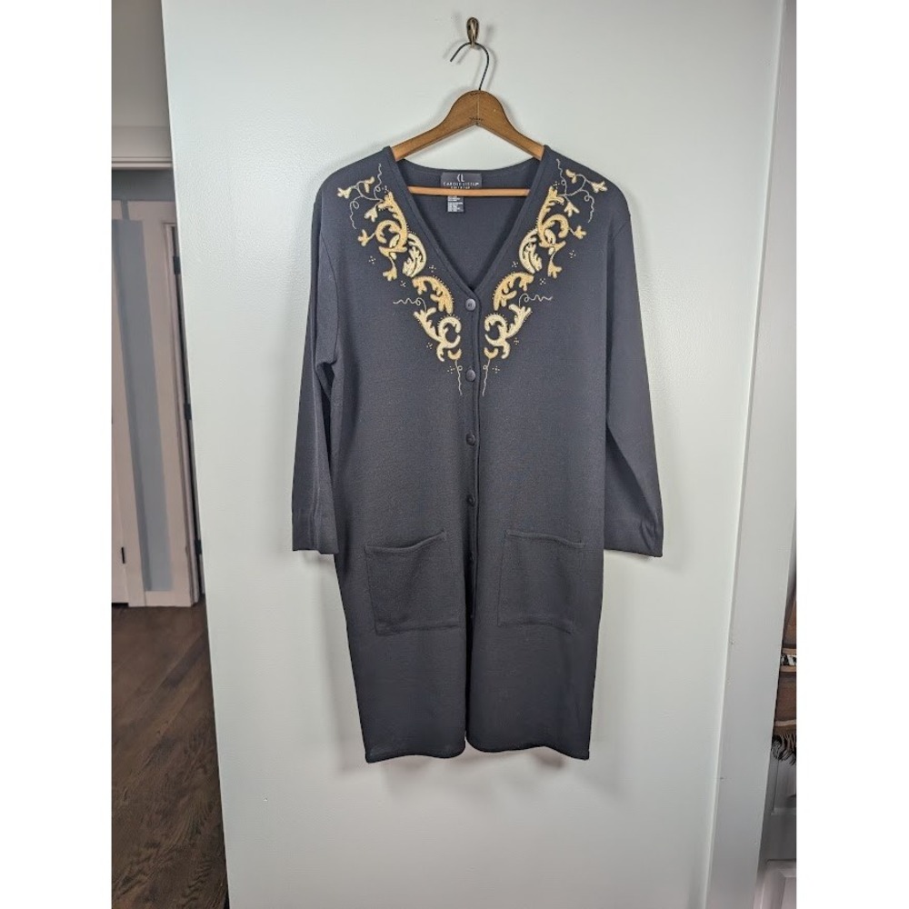 Carole Little Cardigan Sweater Women's XL Embroidered Duster Wool Blend Vintage